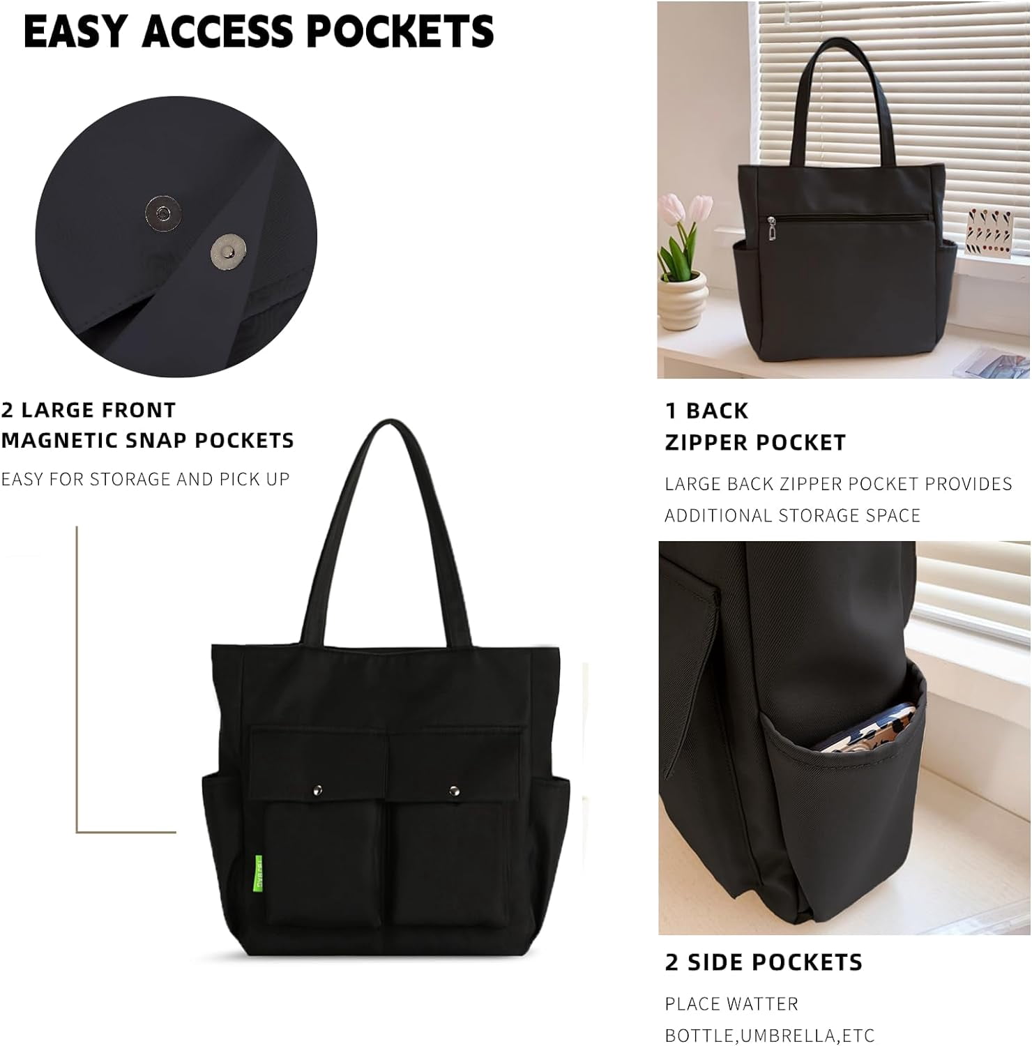 Women Multi Pockets Zipper Waterproof Lightweight Tote Bag Casual Large Shoulder Handbags Cute Canvas College Totes