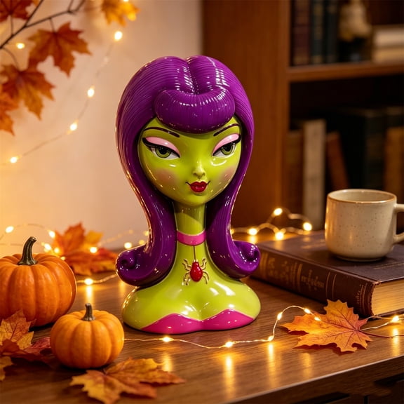 Halloween Bride of Bust Figurines, Vintage Halloween Decorations with Hair Lady Head, Halloween Witch Decorations with Purple Roses for Tabletop Decor