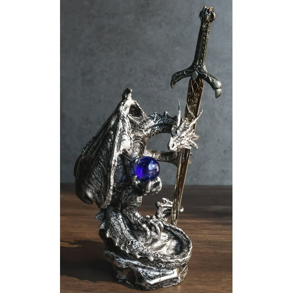 Legendary Silver Sorcerer Dragon Carrying Orb and Sword Letter Opener Figurine