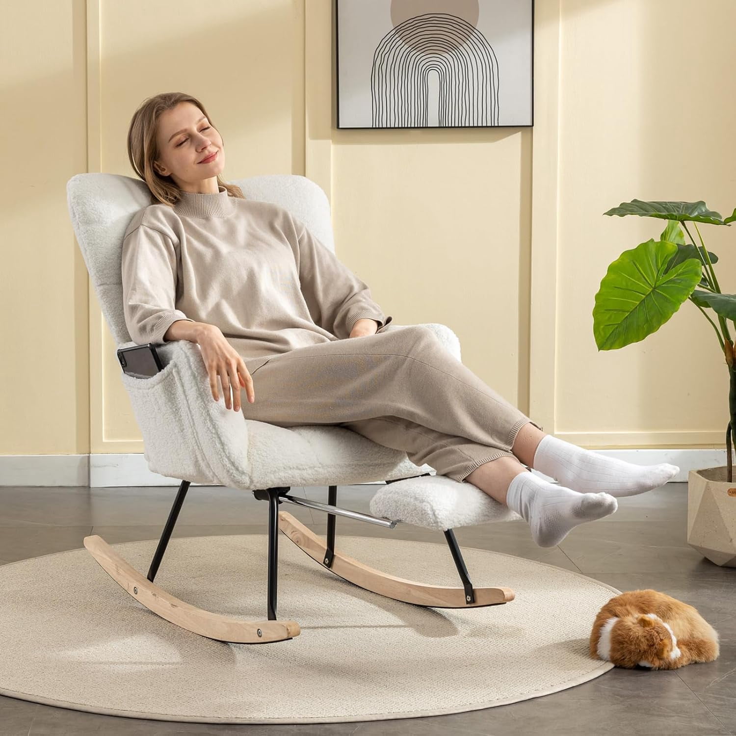 Rocking Chair Nursery Teddy Upholstered Glider Rocker High Backrest Nursery Rocker Comfortable Armchair