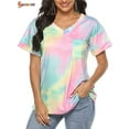 thumbnail image 2 of Spencer Womens Tie-Dye Printed Gradient Pocket Front T-Shirts V Neck Short Sleeve Casual Tunic Blouse Tops (S, Purple Yellow), 2 of 8