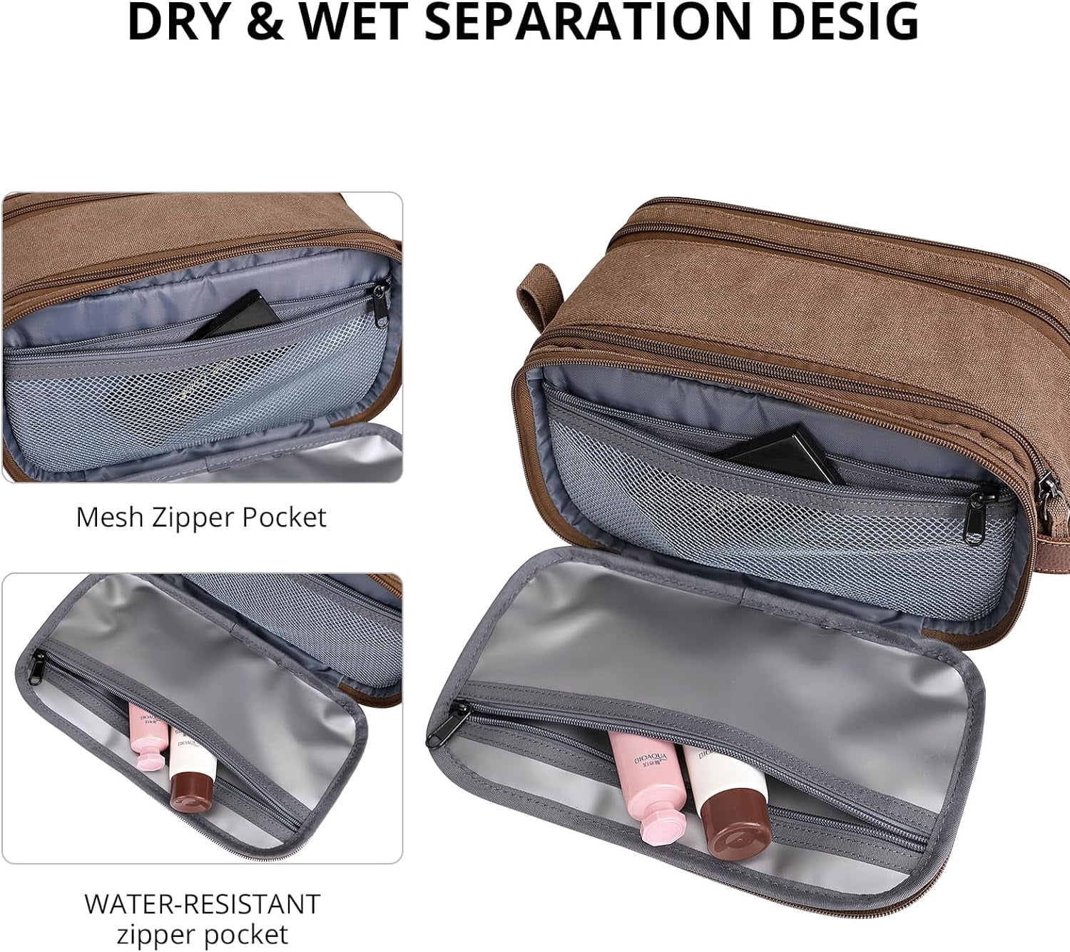 WITZMAN Canvas Toiletry Bag for Men Large Capacity Hanging Dopp Kit for Men Leather Toiletries Water-Resistant Bathroom Bag(A8002 Brown)