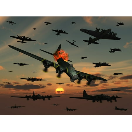 An American B-17 Flying Fortress is set ablaze by a German Interceptor Fighter Plane Hopefully its crew will have time to bail out before the bomber either explodes or crashes Poster