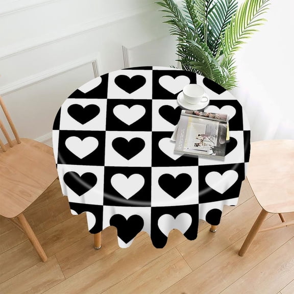 RKSupls 60 Inch Round Tablecloth, Heart Checkered Pattern Premium Polyester Straight Edge Wrinkle Resistant Washable Table Cover for Party Home Dining Decor