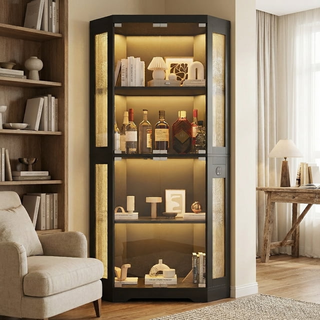 Corner Display Cabinet with Glass Doors, 4-Tier Glass Display Case with 3 Color LED Lights, Charging Ports & Motion Sensor, Curio Cabinet Display Shelf Storage Cabinets for Collectibles