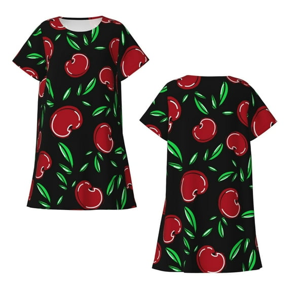 Horeoi Cherry Print Women's Short-sleeved Nightdress Breathable Cotton-like Material Loose A-line Knee-length