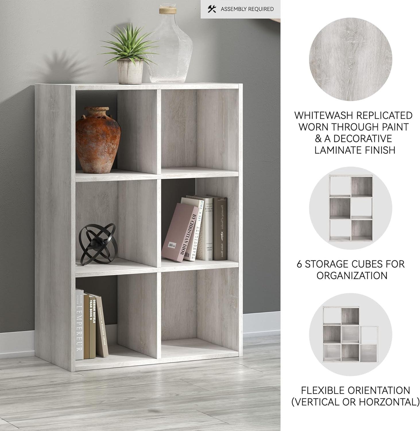 Paxberry Coastal 6 Cube Storage Organizer Bookcase Whitewash Finish for Home Office Bedroom Living Room