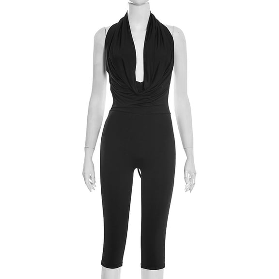 2026 Spring/Summer Women's Solid Color Halter Neck Backless Ruffled Neck Sexy Tight-Fitting Jumpsuit