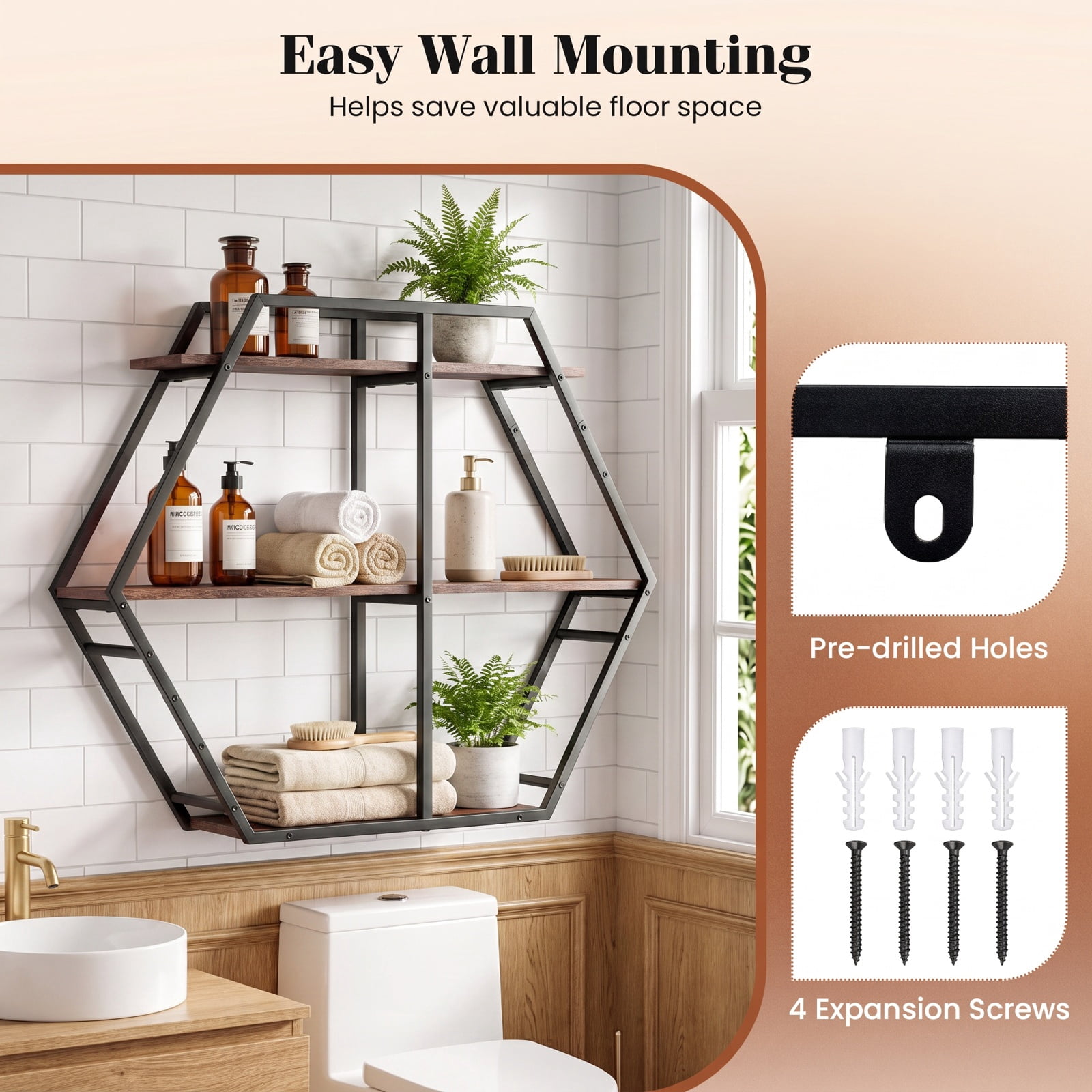 Furnibear 3-Tier Geometric Bookcase with S-Shaped Hooks for Living Room for Living Room Home Office Bedroom Display Storage Shelf, Rustic Brown