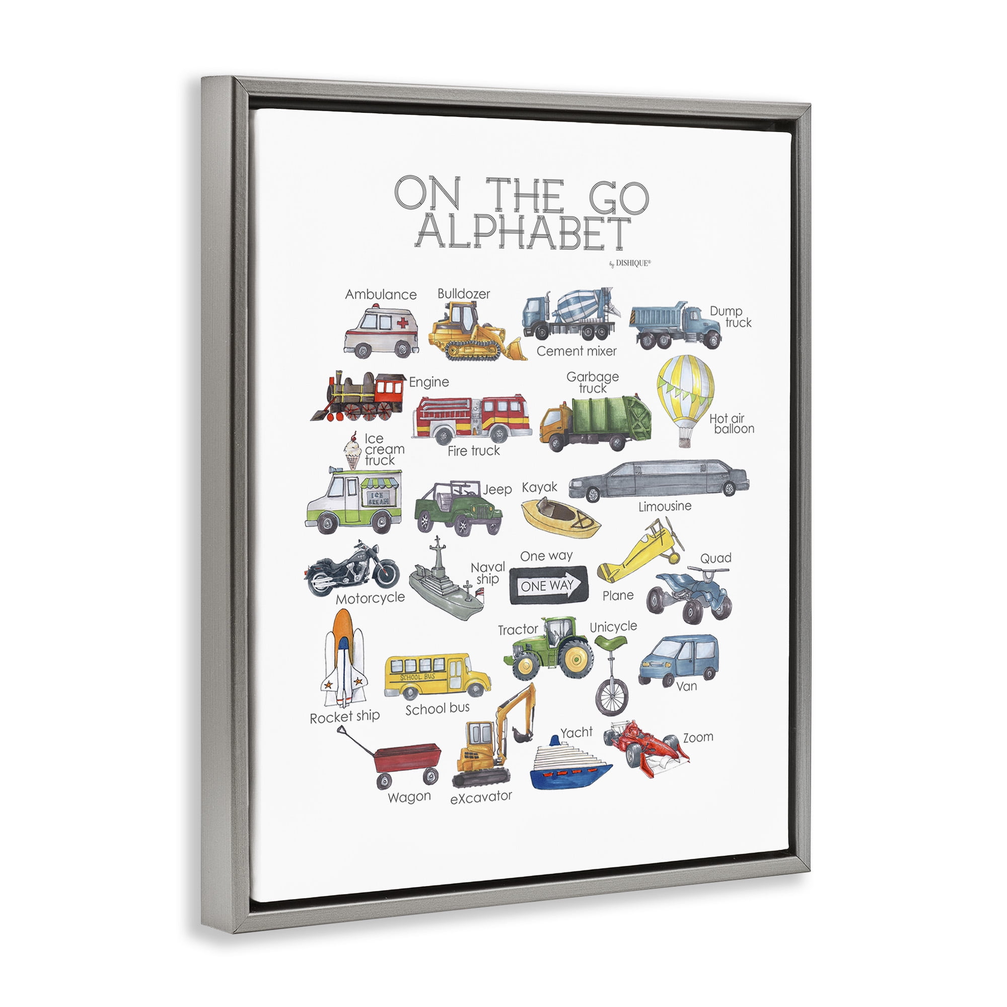 Stupell Industries On The Go Transportation Alphabet Art for Kids Painting Gray Floater Framed Canvas Art Print Wall Art, 17 x 21