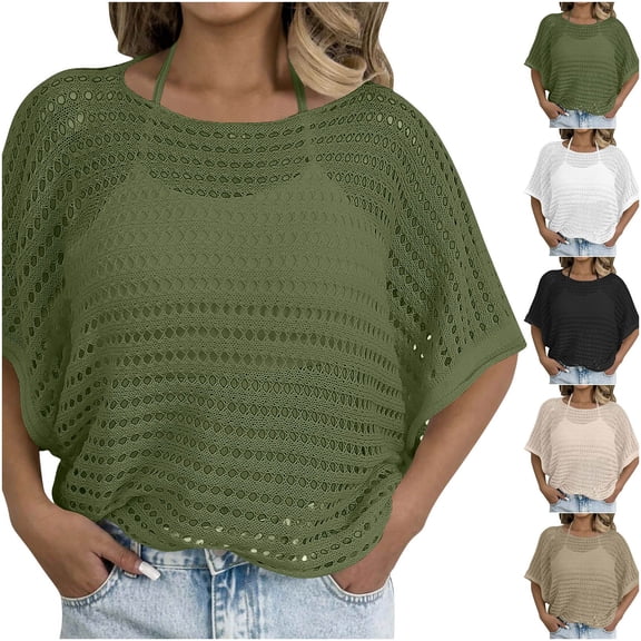 Qzwdhjm Womens Bathing Suit Cover Up Hollow Out Half Sleeve Beach Coverup Shirt Crewneck Loose Lounge Vacation Swim Suits Coverups