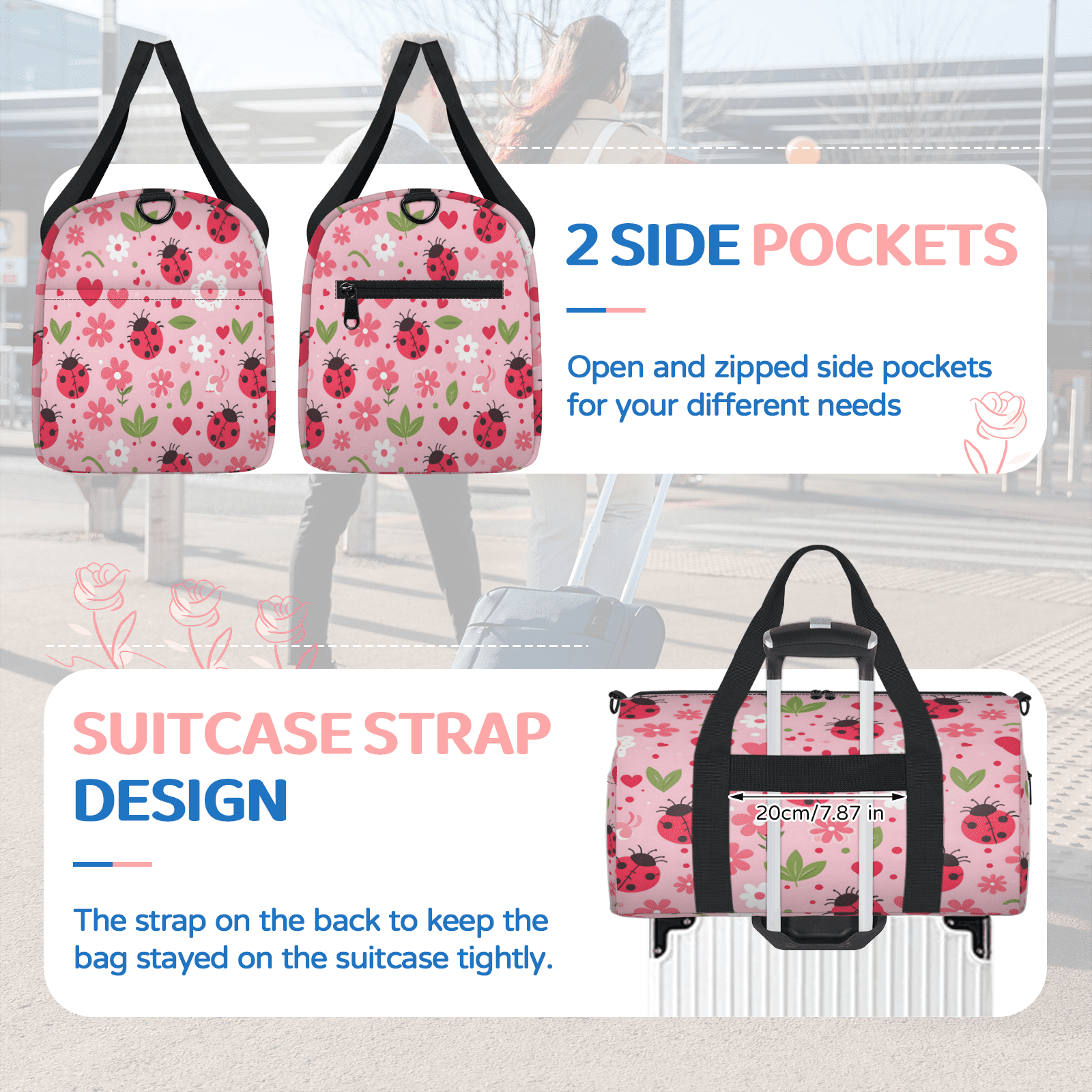 Herdesigns Floral Ladybugs Gym Bag for Women, Duffle Bag for Travel Sport, Lightweight Waterproof Carry on Weekender Overnight Dance Yoga Workout Bags