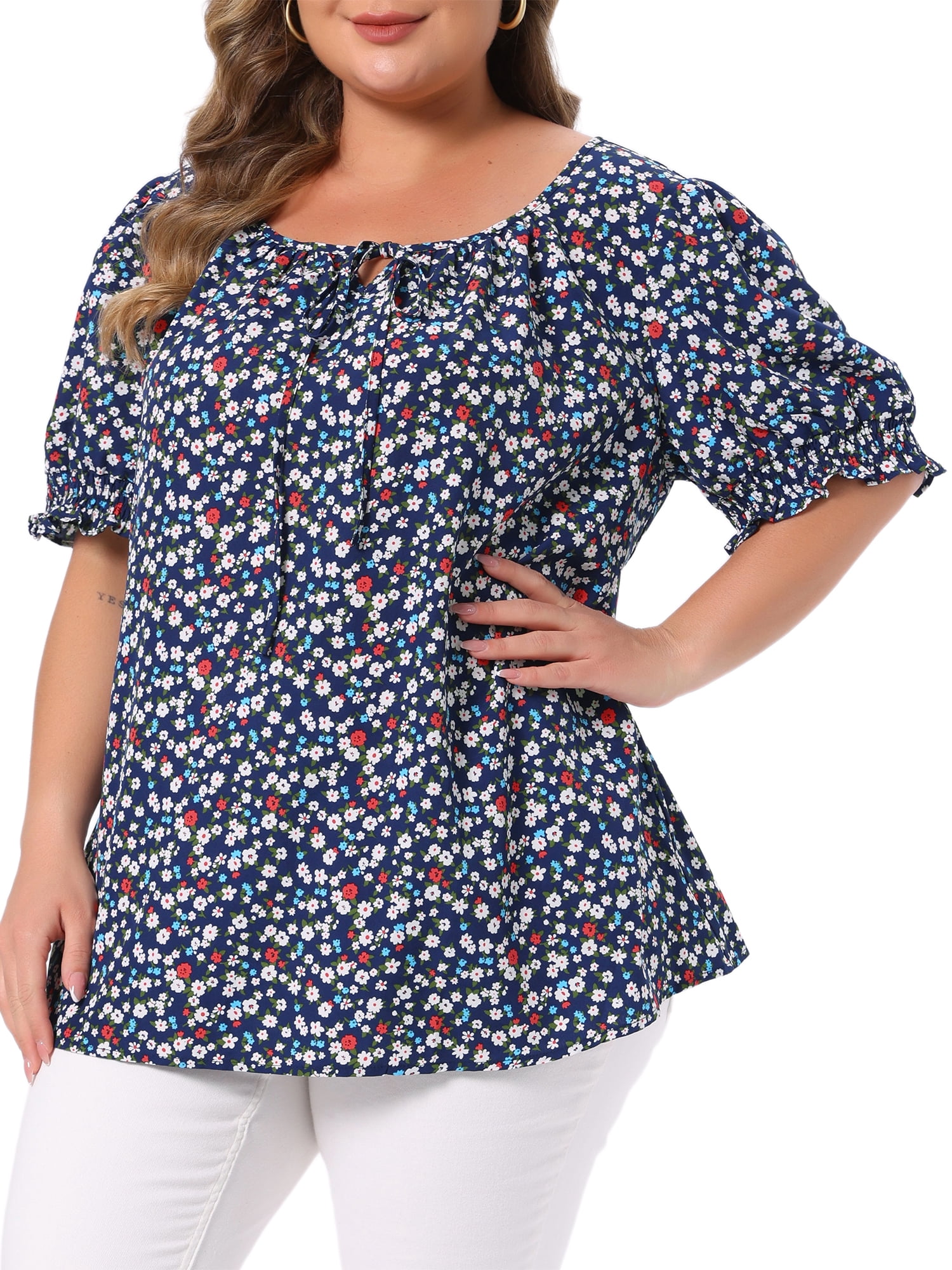 DARING DIVA Women's Plus Tops Scoop Neck Notch V Tie Front  Floral Summer Blouses 2X Blue