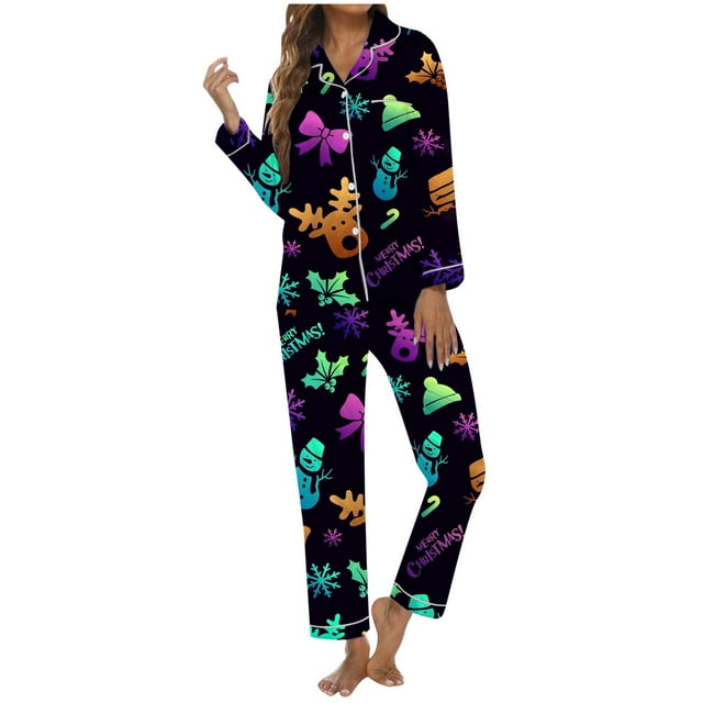 YTIANH Women's Christmas Reindeer Pattern Long Sleeve Pajama Sleep Set E,L
