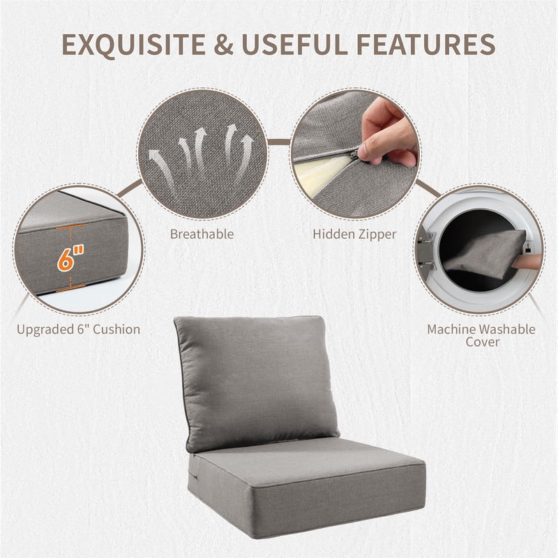 Giantfurnni Outdoor Deep Seat Cushion 24 X 24 X 6 Inch, Pack of 1, Patio Furniture Cushions with 6 Inch Foam Waterproof & Fade Resistant Perfect for Wicker Chair, Sofa, Couch, Gray