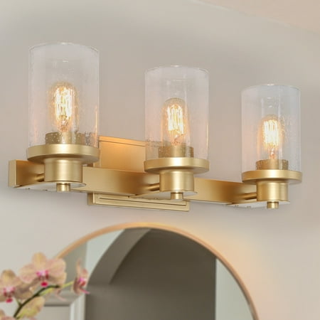 

LNC 3-Light Modern Gold Bathroom Vanity Light with Seeded Glass