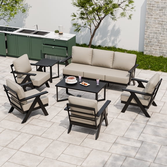 EAGLE PEAK Urban Slate 7 Piece Modern Outdoor Patio Furniture Set, Couch, Patio Chairs, Coffee Table, and Side Table, Black/Gray