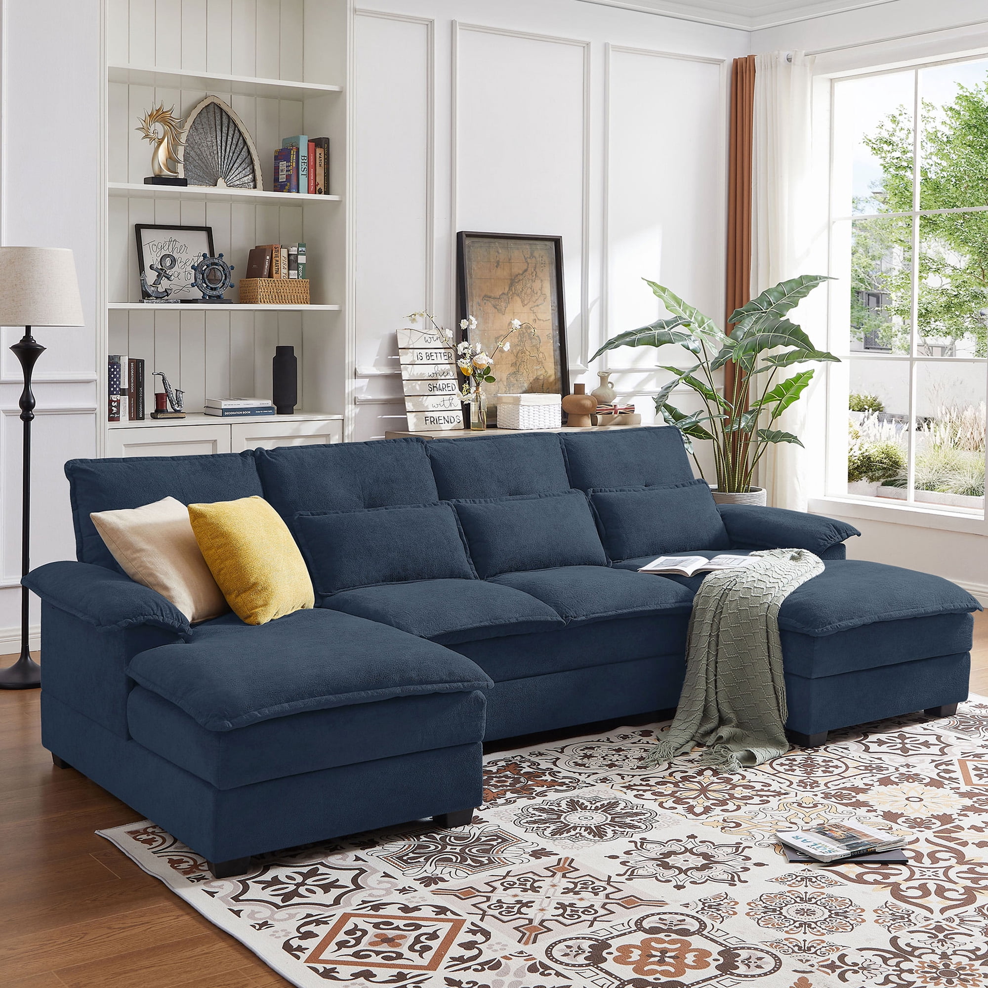 Soscana Sectional Sofa 4 Seat U Shaped Couch with Double Chaise, Modern Linen Sofa with Backrest Pillows for Living Room Apartment Office Studio,Dark Blue