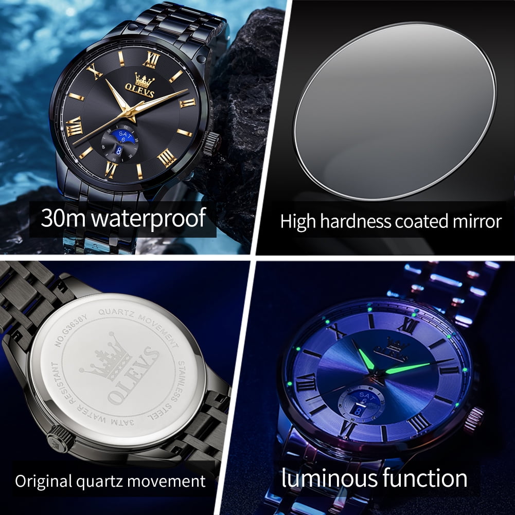 OLEVS Watches for Men Business Dress Waterproof Analog Quartz Stainless Steel Luminous Roman Numeral Classic Men Wrist Watches Reloj Para Hombre Black Dial