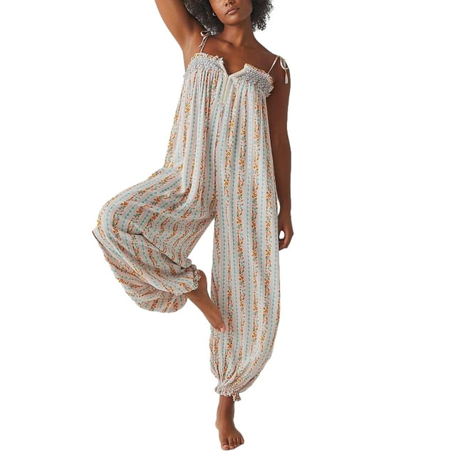 Wangscanis Combinaisons Camisole d'Été pour Femmes Rétro à Imprimé Floral à Nouer à Bretelles Spaghetti Sans Manches Longues Combinaisons Mode Amples