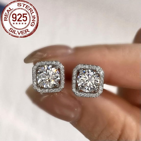 Fashion Brand S925 Sterling Silver CZ Square Micro Pave Round Stud Earrings