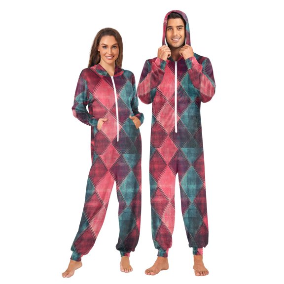 FORMRS Onesies Pajama for Adults Unisex Hoodie Winter Jumpsuit One Piece Sleepwear, Sizes S-2XL, Vibrant Green Tartan Pattern