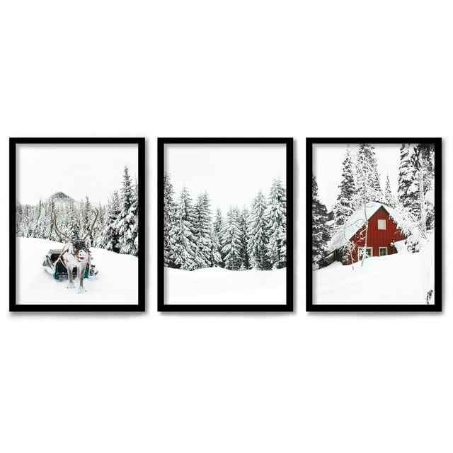 Americanflat Triptych Wall Art Cabin Snow Storms by Tanya Shumkina - Set of 3 Black Framed Prints