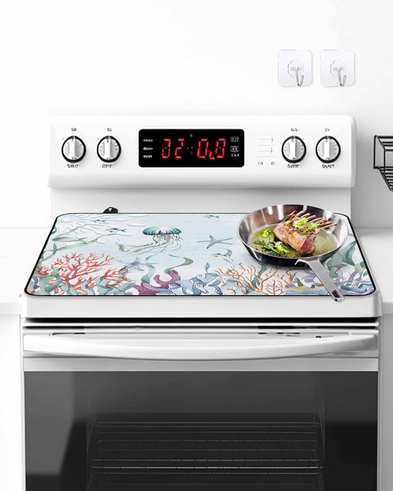Stove Top Covers for Electric Stove, Green Jellyfish Coastal Glass Stovetop Cover Protector, Summer Beach Coral Starfish Nautical Induction Cooktop Protector Oven Mat for Kitchen Countertop 24"x21"
