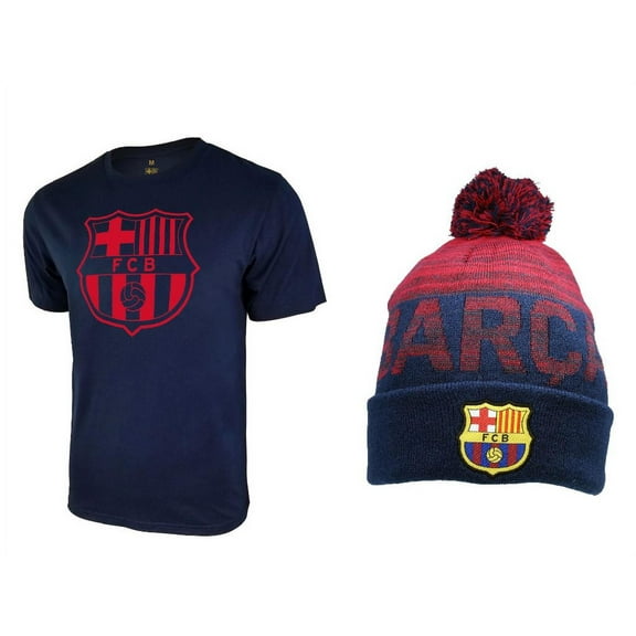 Icon Sports Men FC Barcelona Official Soccer T-Shirt and Beanie Combo 30 - Small