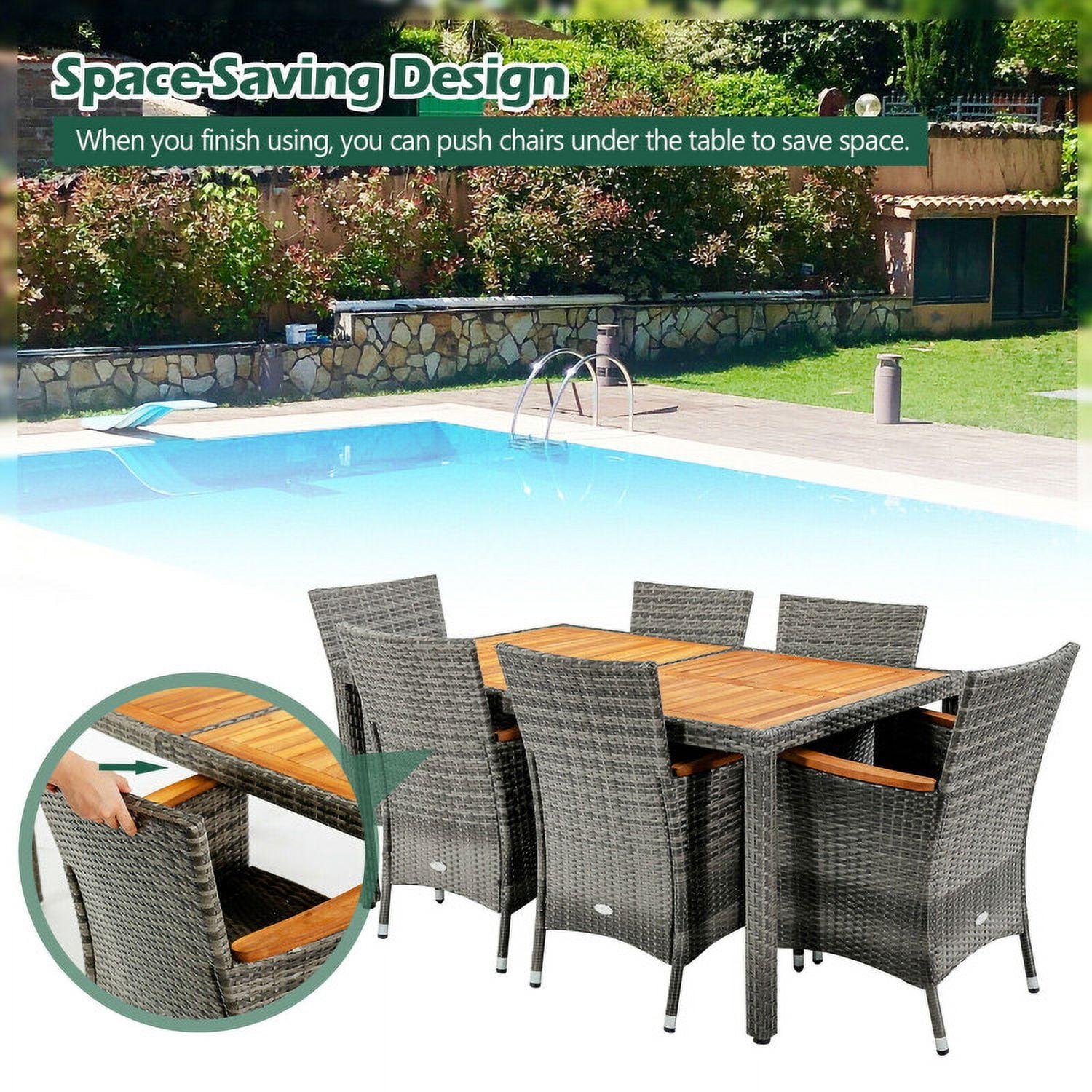 Aimee Lii 7 Pieces Patio Acacia Wood Cushioned PE Rattan Wicker Dining Set, Outdoor Patio Furniture Aimee Lii 7 Pieces Patio Acacia Wood Cushioned PE Rattan Wicker Dining Set, Outdoor Patio Furniture