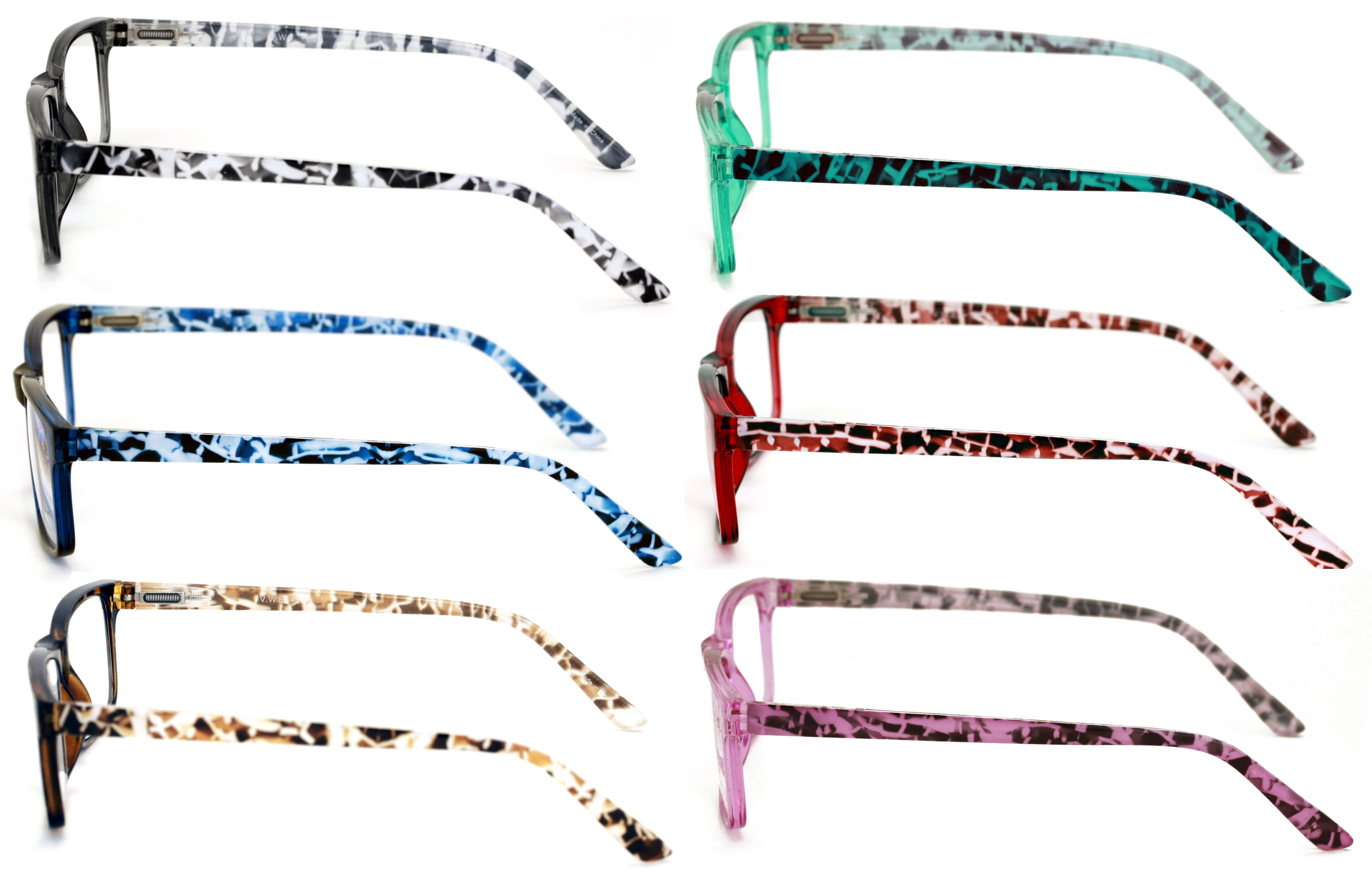 6 Pairs Lightweight Spring Hinge Tile Design Rectangular Reading Glasses - Clear Lens Reader Men Women 7014 +2.75
