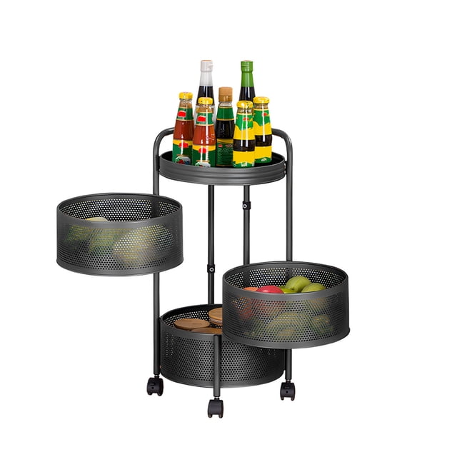 TFixol 3-Tier Rotating Kitchen Storage Rack with Magnetic Closure, Multi-Functional Round Stand for Fruits, Snacks, and Vegetables, Detachable and Movable, Black or White