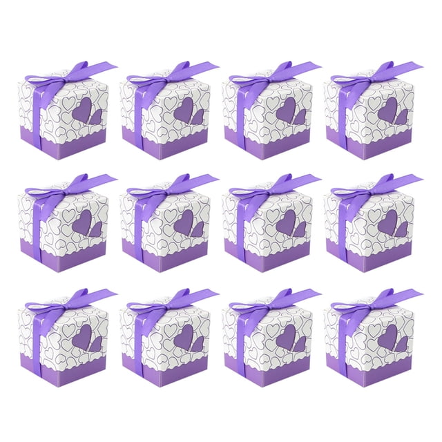50pcs Hearts Design Candy Boxes Square Chocolate Boxes Gift Container with Ribbon for Wedding (Purple)