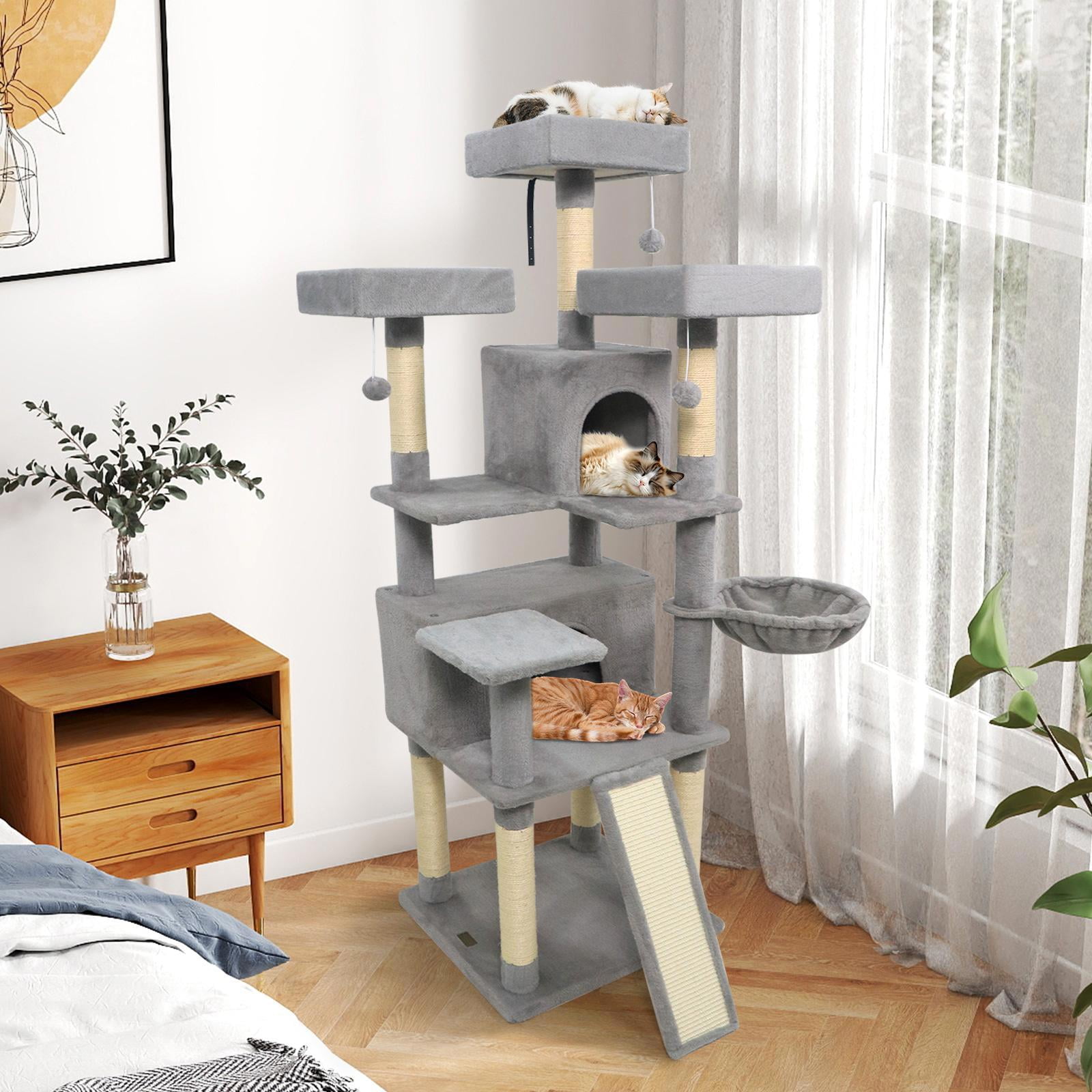 Barara King 65 Inch Tall Multi-level Cat Tree with 3 Upholstered Perch and 2 Cat Condos, Cat Tower for Indoor Cats, Cat Condo for Indoor Cats, Light Gray