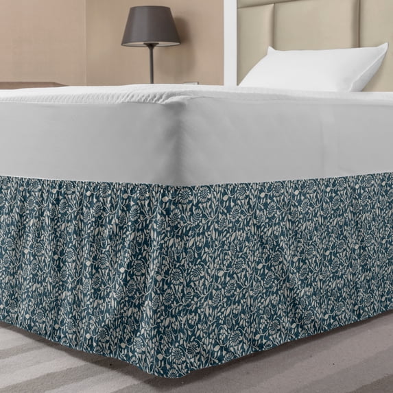 Vintage Bed Skirt, Floral Composition with Silhouette Style Leaves and Stems Spiral Retro, Elastic Bedskirt Dust Ruffle Wrap Around for Bedding Decor, 4 Sizes, Dark Teal Eggshell, by Ambesonne