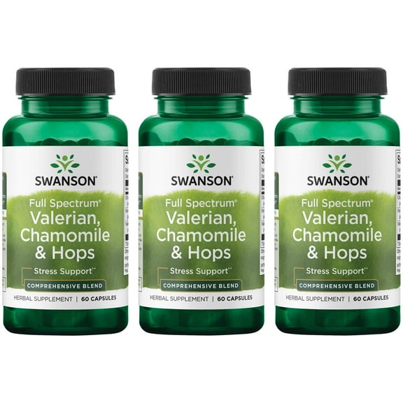 Swanson Valerian, Chamomile & Hops - Full Spectrum Herbal Supplement Promoting Relaxation & Comfort - Natural Formula Supporting Mind & Body Wellness - (60 Capsules) (3 Pack)