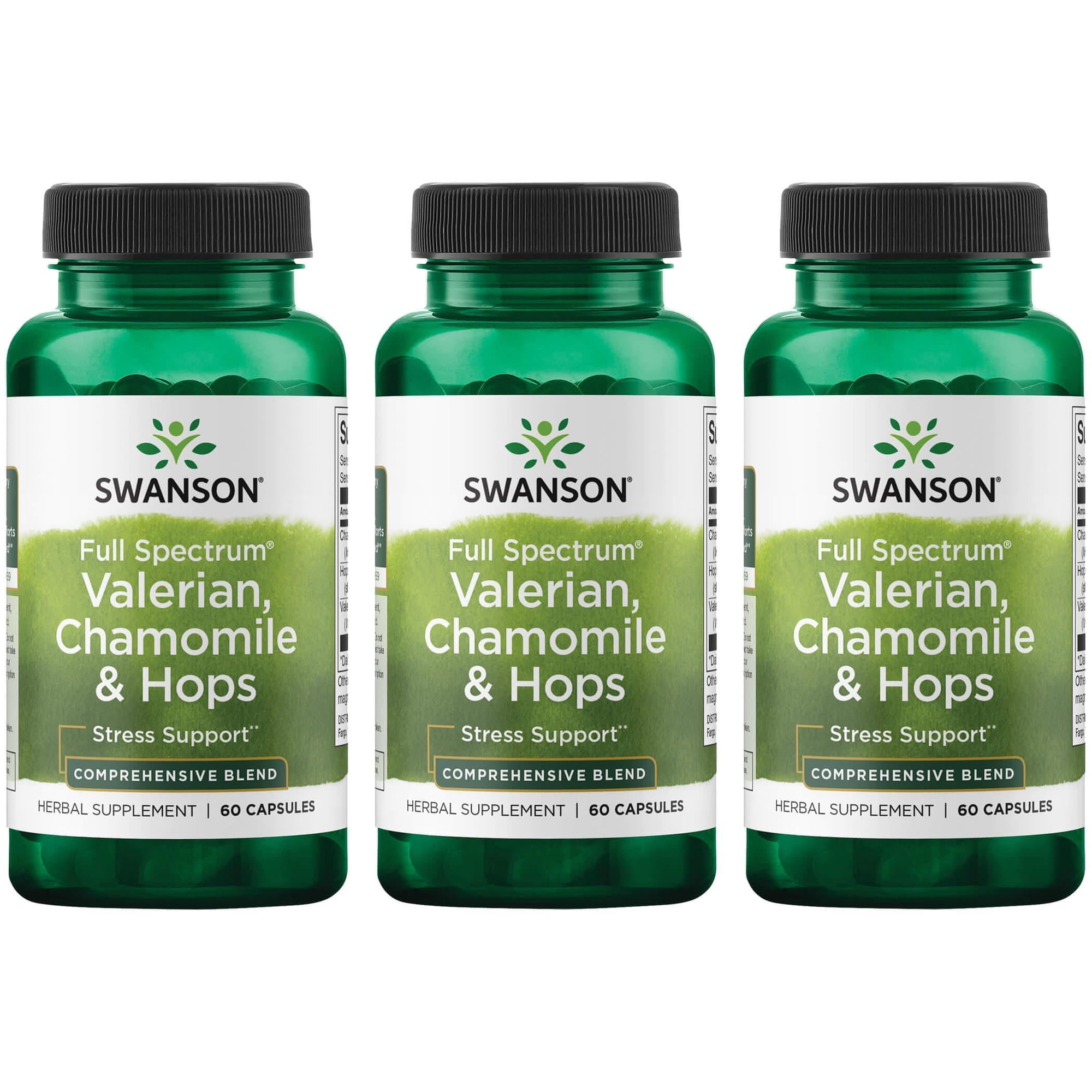 Swanson Valerian, Chamomile & Hops - Full Spectrum Herbal Supplement Promoting Relaxation & Comfort - Natural Formula Supporting Mind & Body Wellness - (60 Capsules) (3 Pack)