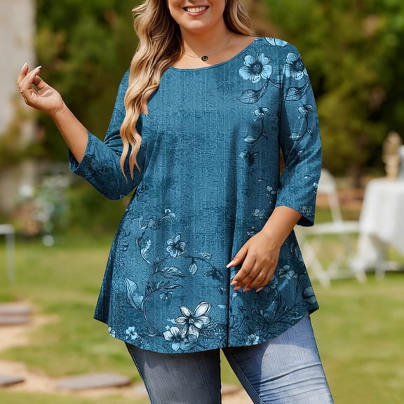 Ounisa Womens Plus Size 3/4 Sleeve T Shirt Crew Neck Printed Pullover Loose Fit Casual Fashion Trendy Tops XL-5XL