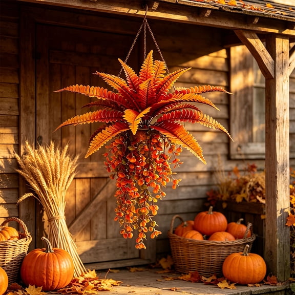 AYktou Fall Artificial Hanging Plants, 31.5 Inch Orange Fern Hanging Basket Plants Props Fall Leaves Garland, Autumn Wall Hanging Leaf Vines for Thanksgiving Halloween Door Frame Fireplace Decor