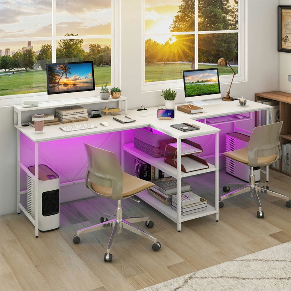 Kadyn Office Desk,Computer Desk, Writing Gaming Table,2-Person Reversible Computer Desk Long Office Desk with LED Lights-White