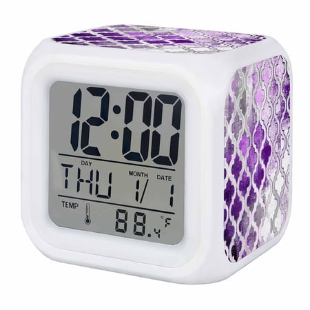 Alarm Clocks Purple Morocco Pattern Digital Clock 7 Color LED Night Light Silent Non-Ticking Battery Operated Abstract Graffiti Art Cube Clocks for Bedroom Bedside Living Room Office School