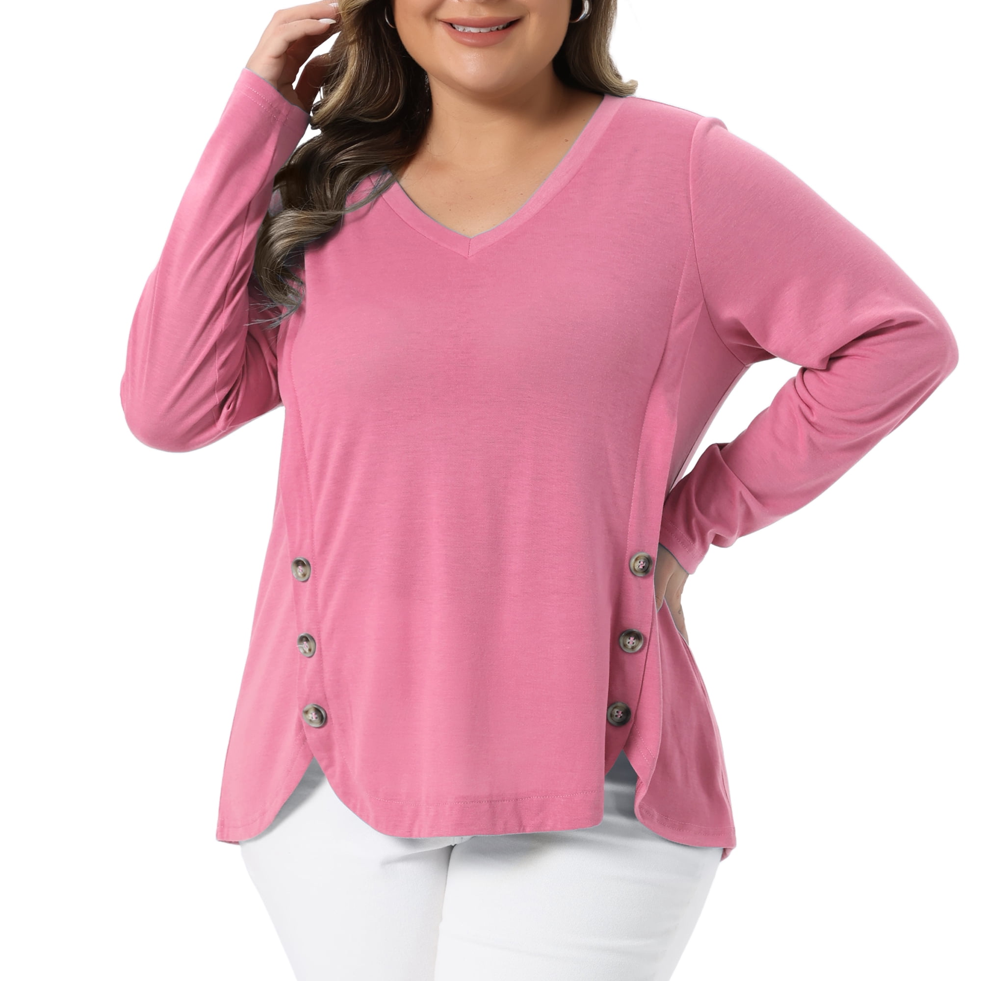 DARING DIVA Women's Plus Size Long Sleeve Button Side Swing Blouses 2X Pink