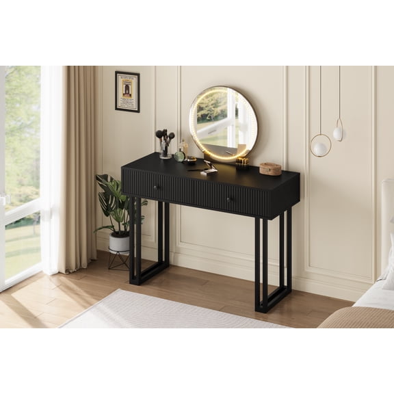 HD Lighted Mirror Vanity Desk - Modern Makeup Table with 3-Color Adjustable LED Lights, 2 Drawers, Bedroom Storage - Black, 1 Meter