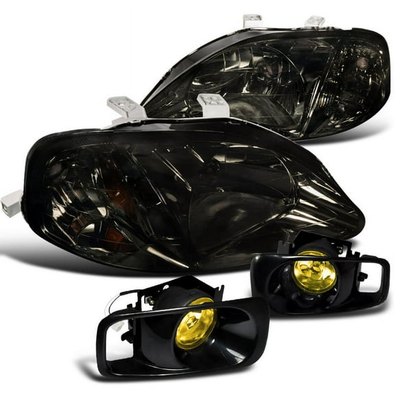 Spec-D Tuning Jdm Smoke Head Lights W/ Yellow Bumper Fog 4Pc Compatible with 1999-2000 Honda Civic Left   Right Pair