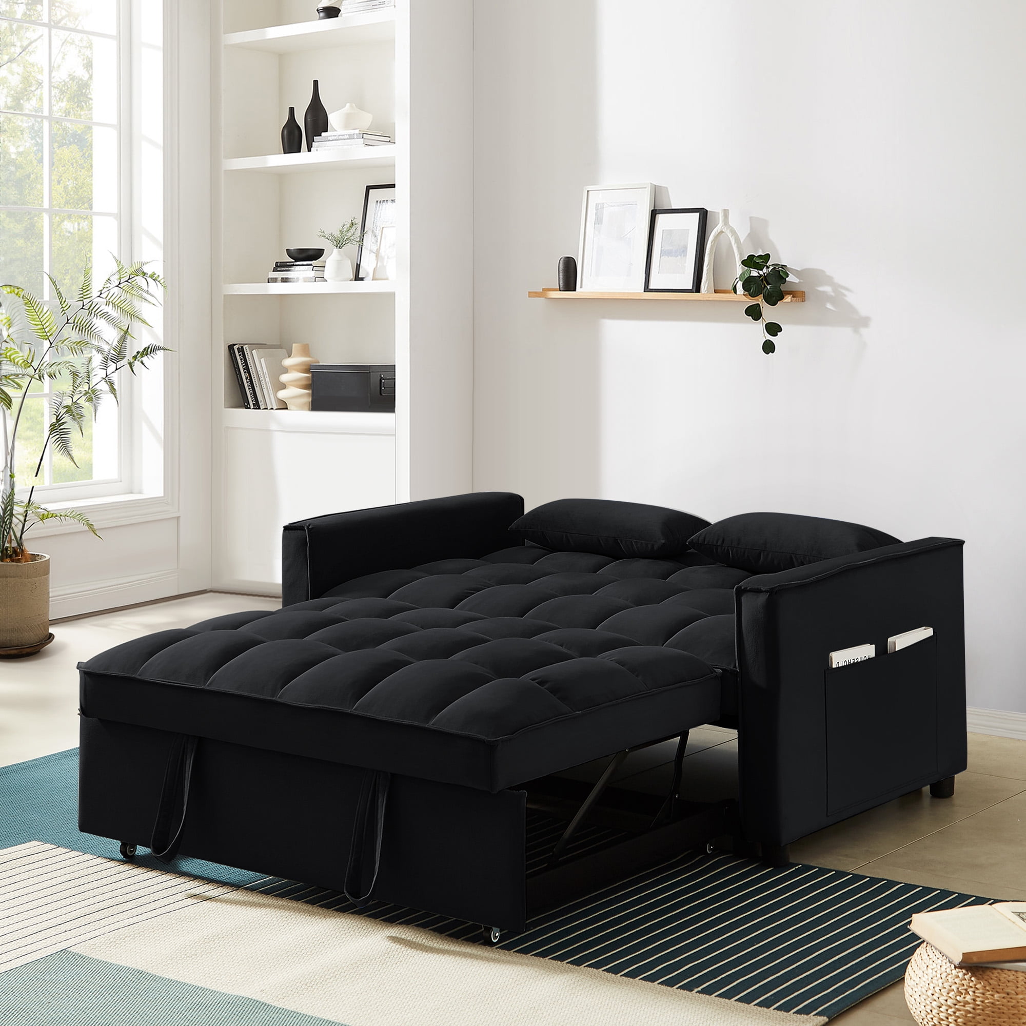 Dinosisco 3 in 1 Convertible Pull Out Sofa Bed, 55" Velvet Sleeper Loveseat, Black