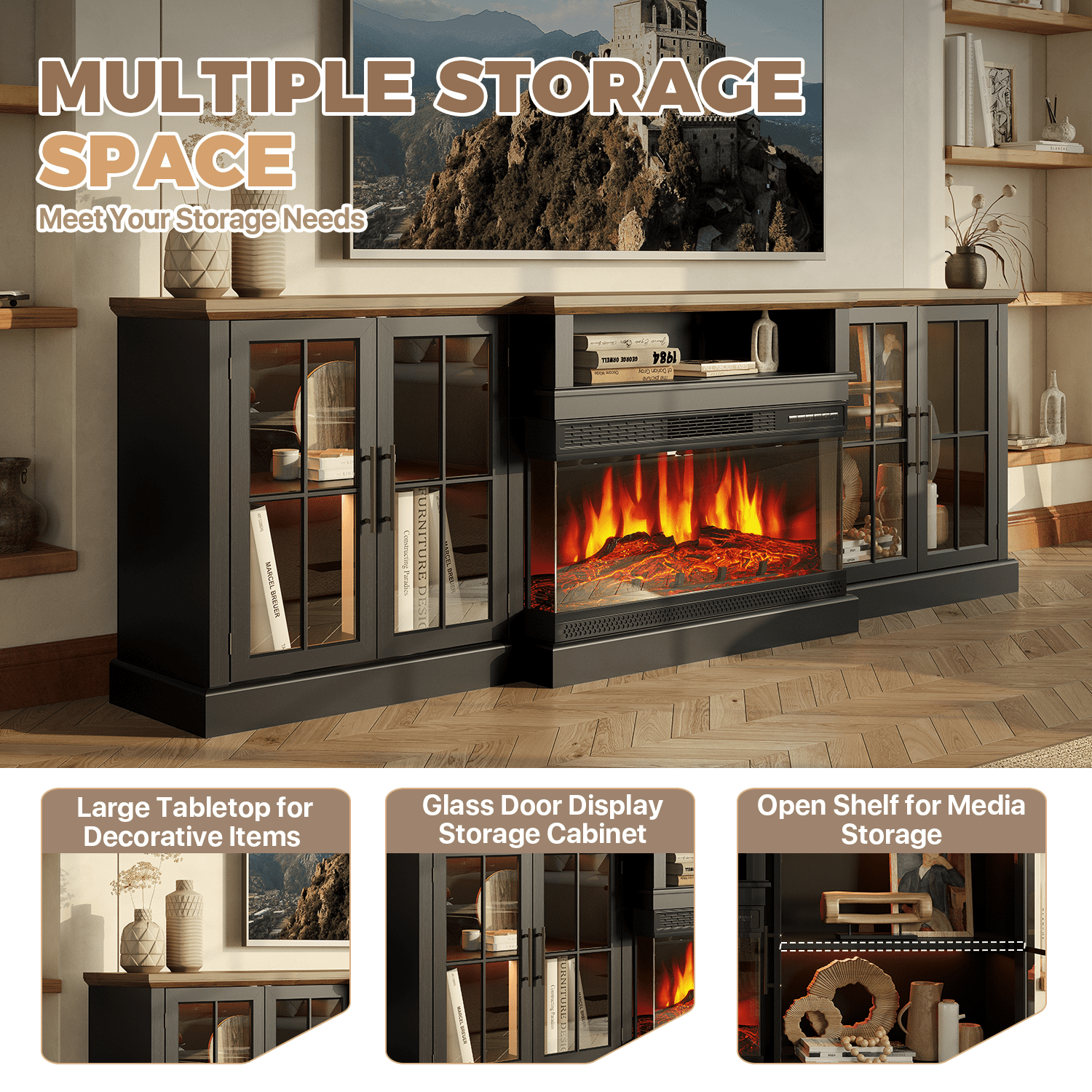 BaPiPro 98" Farmhouse TV Stand with Fireplace for TVs up to 100", Black Fireplace TV Stand Media Entertainment Center with Large Storage Cabinets for Living Room, Black