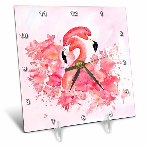3dRose, Two Beautiful Pink Flamingos Watercolor Anima Illustration, 6x6 Desk Clock