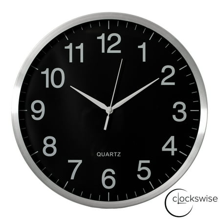 Clockswise 16-in Round Quartz Wall Clock Non-Ticking Battery Operated with Silent Sweep Movement, Aluminum Silver Frame, Perfect for Home Kitchen Office Living Room Study Hallway Classroom, Black Face
