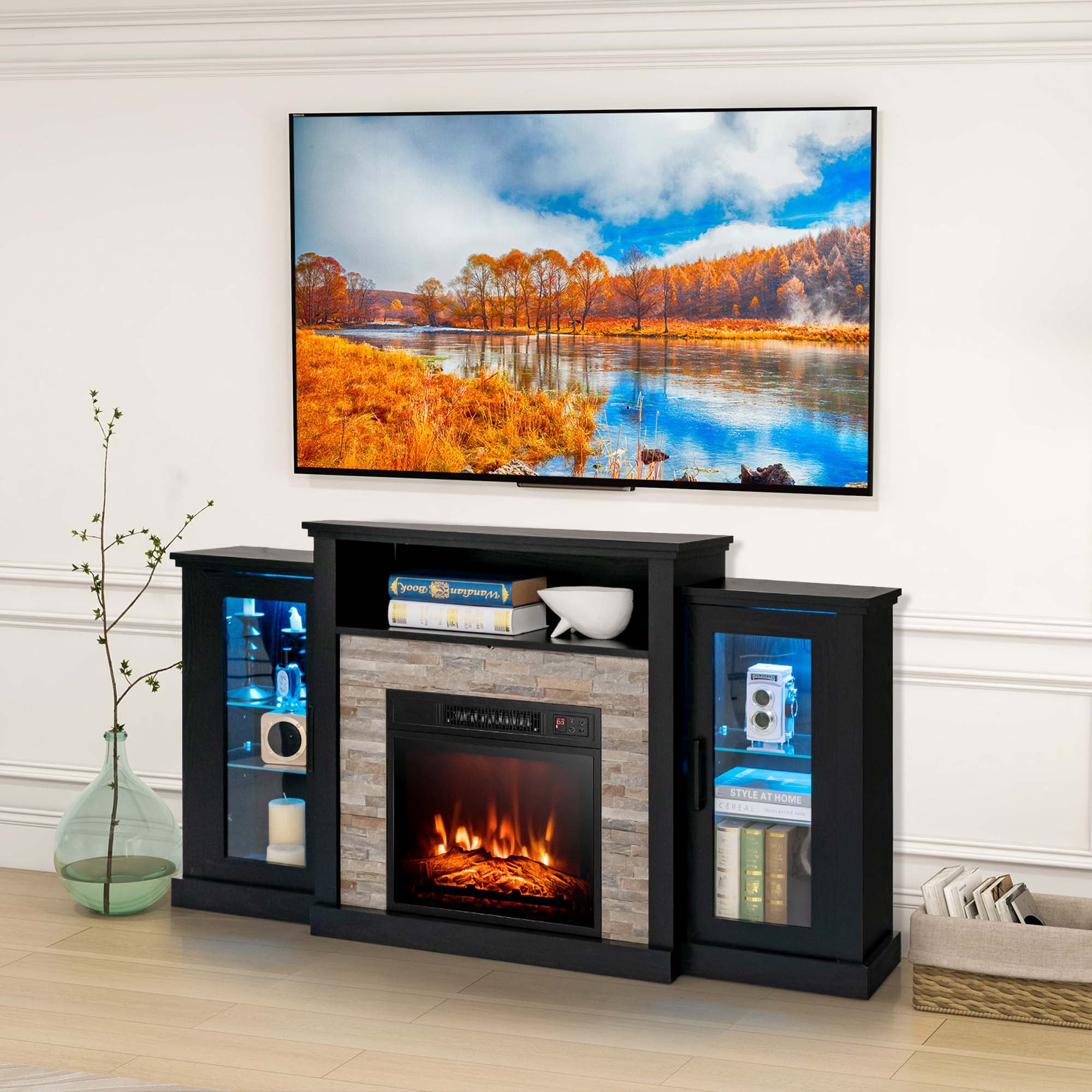 Costway Fireplace TV Stand with Led Lights & 18'' Electric Fireplace For 65" Wall-Mounted TV Black