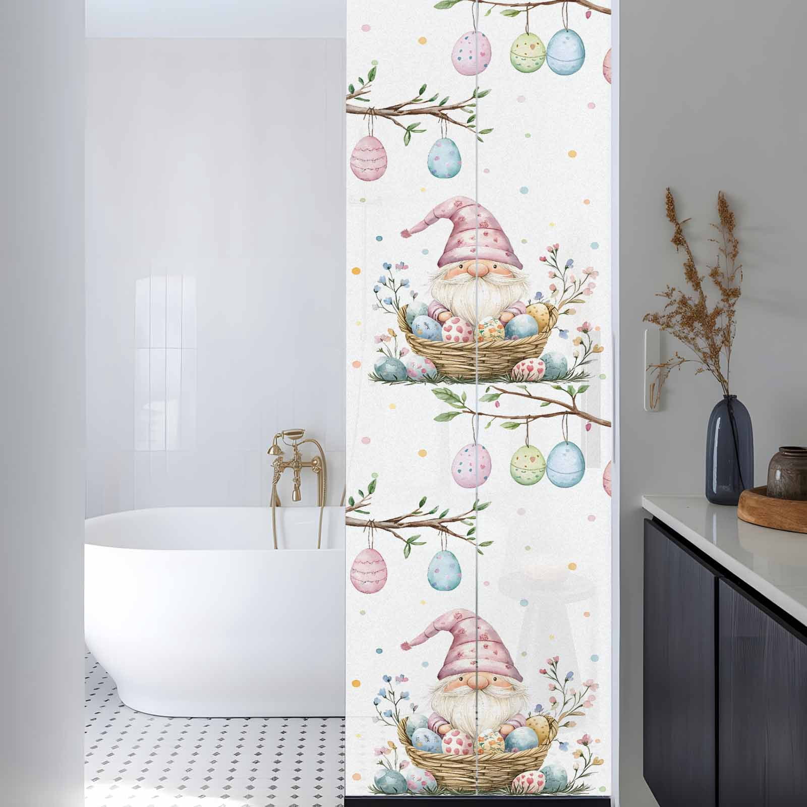 Easter Basket Gnome Window Privacy Film, Vintage Pink Blue Egg Branch Spring Pink Blue Floral Frosted Glass Window Clings Static Cling Heat Blocking Reusable Door Sticker for Bedroom 23.6x78.7 Inch